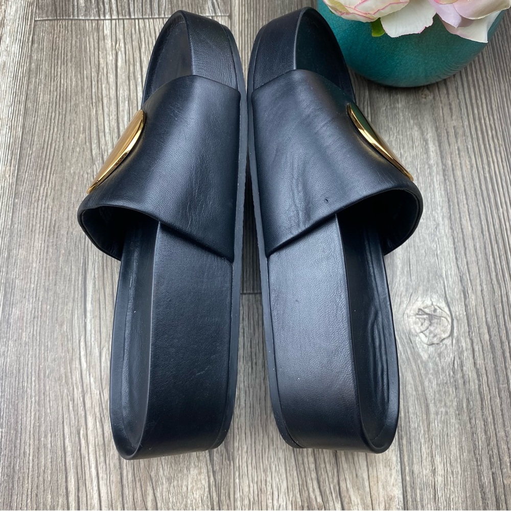 Tory Burch Black Leather Slide Sandals with Gold Medallions - Picture 6 of 12